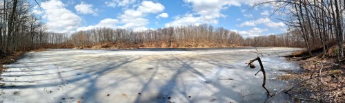 A panoramic view of a frozen lake surrounded by bare trees under a partly cloudy sky.
