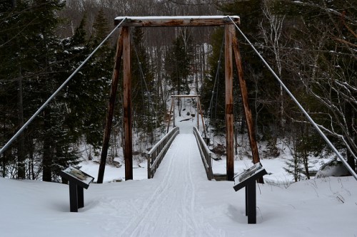A snowy landscape featuring a wooden suspension bridge surrounded by trees, with informational signs on either side.