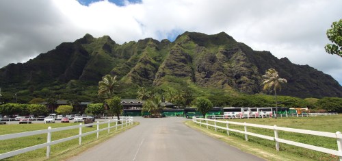 Lush green mountains rise behind a road lined with palm trees and a white fence, leading to a parking area.