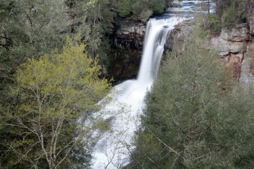 A cascading waterfall surrounded by lush green trees and rocky cliffs in a serene natural setting.