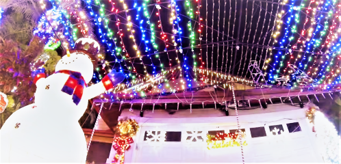 A festive scene featuring a snowman and colorful holiday lights adorning a house and garage.