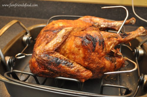 A perfectly roasted turkey resting in a roasting pan, with a meat thermometer inserted for checking doneness.