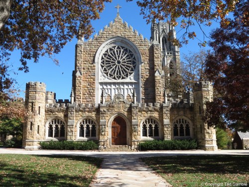 A stone church with a large rose window, surrounded by trees and a clear blue sky.