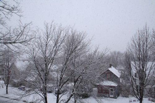 A snowy landscape with bare trees and houses blanketed in white, creating a serene winter scene.
