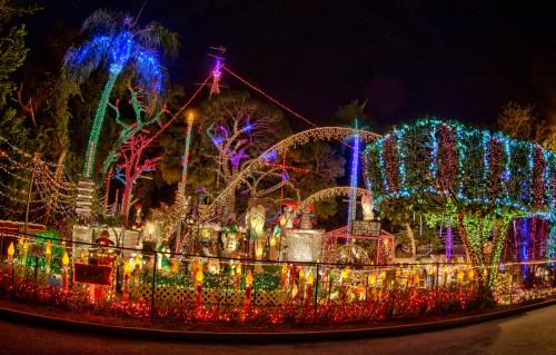 A vibrant display of colorful holiday lights illuminating trees and decorations in a festive nighttime scene.
