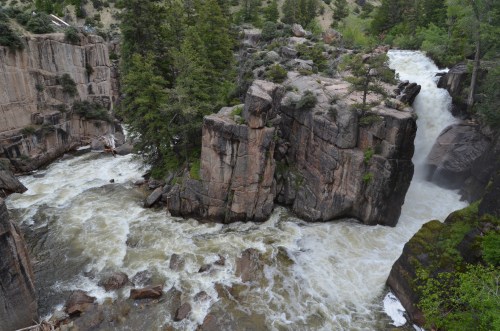 A rushing river cascades over rocky cliffs, surrounded by lush greenery and trees in a natural landscape.
