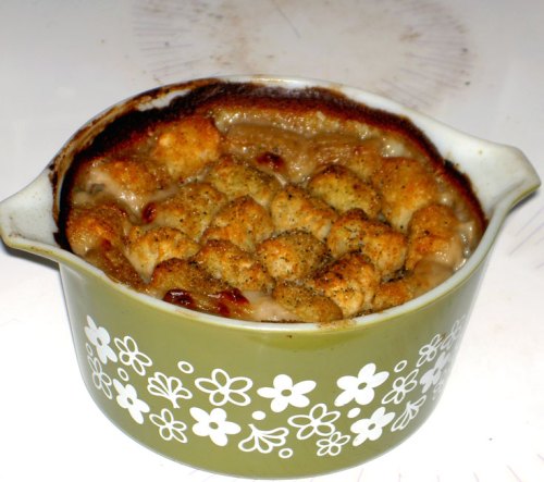 A baked dish in a green floral casserole, featuring a golden-brown topping and a bubbling filling.