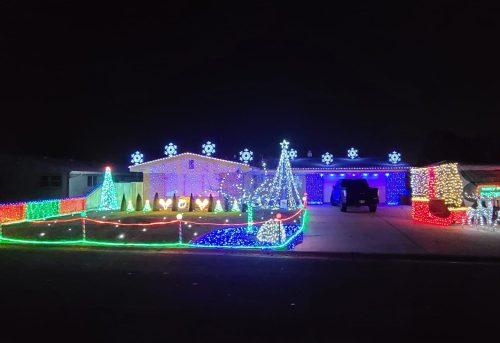 A house decorated with colorful Christmas lights, featuring trees and snowflakes, glowing brightly at night.