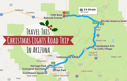 Map highlighting a Christmas lights road trip in Arizona, featuring key stops and travel time.