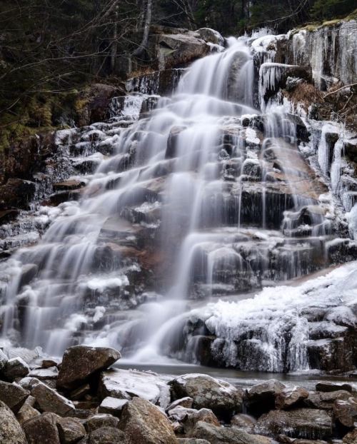 A cascading waterfall flows over rocky terrain, surrounded by ice and greenery, creating a serene natural scene.
