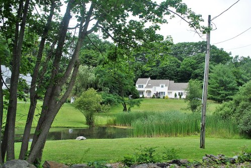 A serene landscape featuring a house by a pond, surrounded by trees and lush greenery.