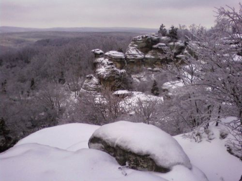 Snow-covered rocky landscape with trees, cliffs, and a distant forest under a cloudy sky.