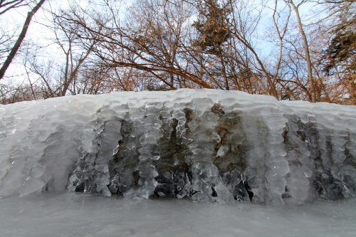 Icicles form over a rocky surface, with bare trees and a cloudy sky in the background, creating a winter scene.