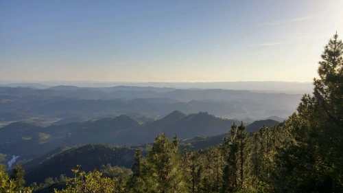 A panoramic view of rolling mountains and valleys under a clear sky, with trees in the foreground.