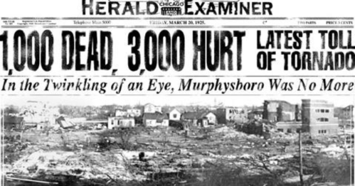 Front page of the Herald Examiner reporting on a tornado, with headlines about 1,000 dead and 3,000 hurt.