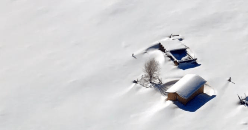 Aerial view of a snowy landscape with a small cabin and a tree partially buried in deep snow.