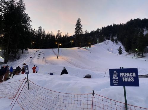A snowy hill with sledders, surrounded by trees, and a sign for French fries in the foreground.