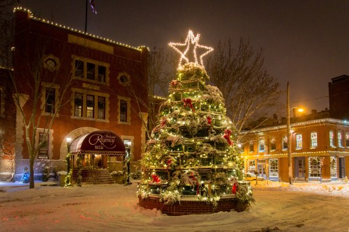 A beautifully lit Christmas tree adorned with decorations stands in front of a historic building, surrounded by snow.