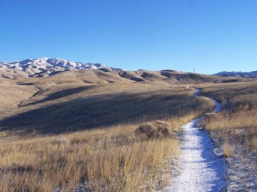 A winding path through golden grasslands, leading towards snow-capped mountains under a clear blue sky.
