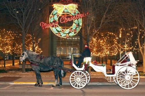 A horse-drawn carriage with a driver stands in front of a festive "Merry Christmas" sign and twinkling lights.