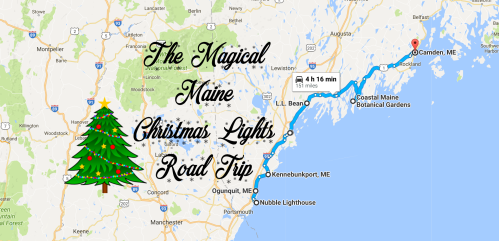 Map of Maine highlighting a Christmas lights road trip route from Ogunquit to Camden, featuring a decorated tree.