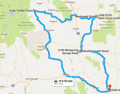Map showing a 967-mile route from Cody Trolley Tours to CAM-PLEX, with key locations and travel time of 15 hours 53 minutes.