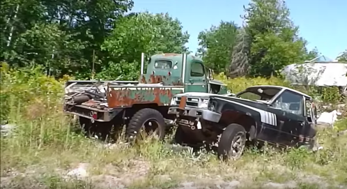 Two old, rusty trucks overgrown with weeds in a rural setting, surrounded by trees and tall grass.