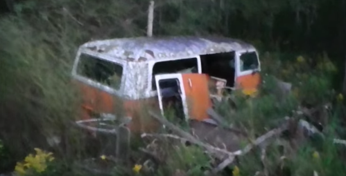 Abandoned, weathered orange and white van partially hidden in overgrown vegetation and debris.