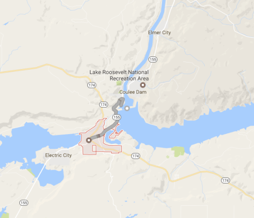 Map showing Lake Roosevelt National Recreation Area, Coulee Dam, and surrounding areas including Electric City.