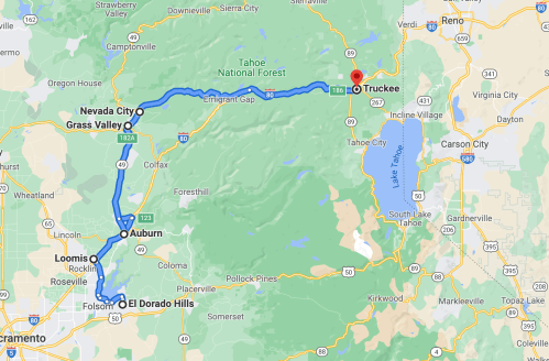 Map showing a route from Grass Valley to Truckee, passing through Nevada City, Auburn, Loomis, and El Dorado Hills.