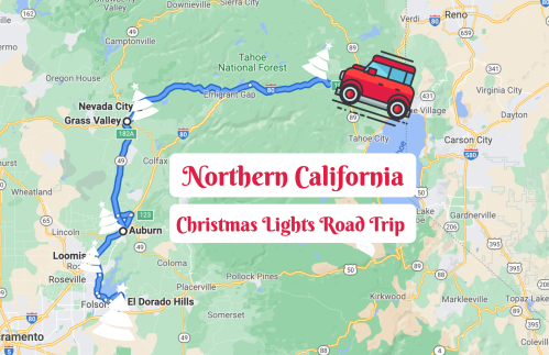 Map of Northern California highlighting a Christmas Lights Road Trip route from Grass Valley to Auburn, with a red car icon.