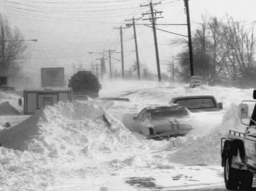 A snowy scene with cars partially buried in snowdrifts, power lines in the background, and a blizzard atmosphere.