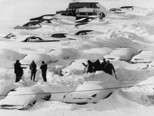 A snowy scene with cars buried in snow, and people digging out vehicles in a winter landscape.