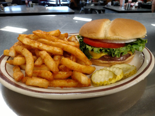 A plate with a cheeseburger topped with lettuce, tomato, and onion, served with crispy fries and pickles.