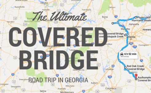 Map highlighting a road trip route in Georgia featuring covered bridges, with travel time and distance noted.