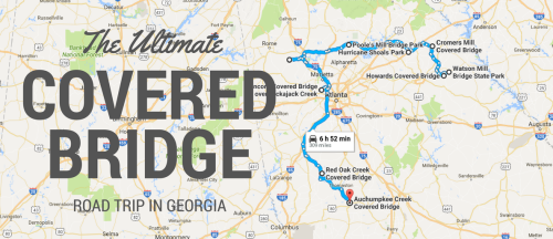 Map highlighting a road trip route to covered bridges in Georgia, featuring various locations and parks.