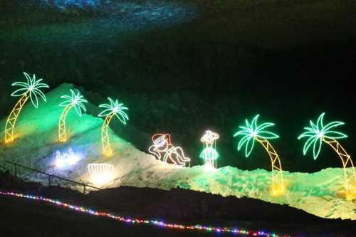 Colorful neon lights depicting palm trees and beach-themed figures in a dark cavern setting.