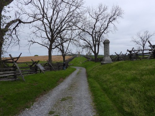 A gravel path lined with trees and fences, leading to a distant monument under a cloudy sky.