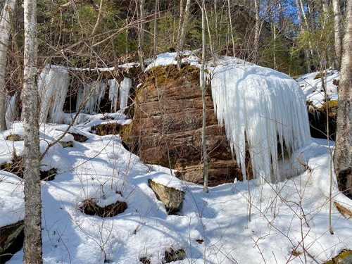 Icicles hang from a rocky outcrop surrounded by snow and trees in a winter landscape.
