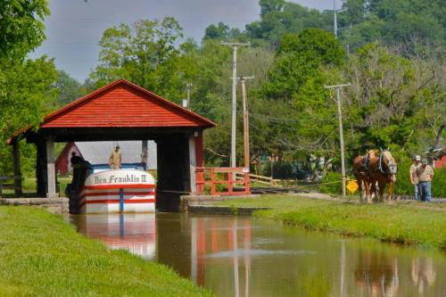 A covered bridge over a canal with a boat, two horses, and people nearby in a lush green landscape.
