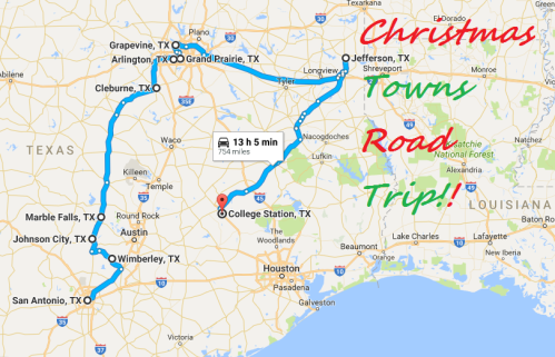 Map showing a road trip route through Texas, highlighting Christmas towns with a total travel time of 13 hours and 5 minutes.