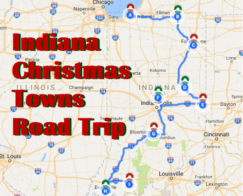 Map of Indiana highlighting a Christmas towns road trip with marked locations and a route connecting them.