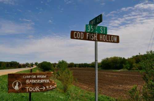 Signpost at a rural intersection indicating "Cod Fish Hollow" and "35th St," with a nearby wooden sign for a barnstormer tour.