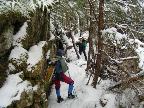 Two hikers navigate a snowy forest trail surrounded by rocks and trees. One is climbing while the other observes.
