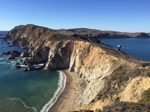 A scenic coastal view featuring cliffs, a sandy beach, and calm blue waters under a clear sky.