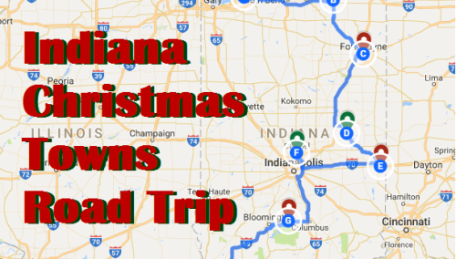 Map of Indiana highlighting towns for a Christmas road trip, with labeled points and routes connecting them.