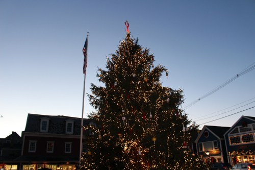 A beautifully lit Christmas tree stands tall against a twilight sky, with festive decorations and nearby buildings.