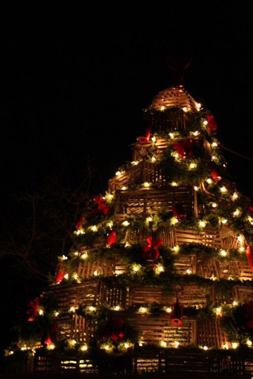 A beautifully lit Christmas tree made of wooden crates, adorned with greenery and red bows, set against a dark night sky.