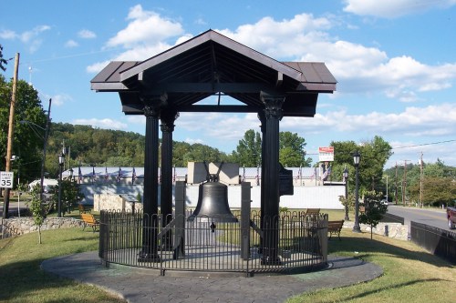 A large black bell under a gazebo, surrounded by a fence and green grass, with trees and a blue sky in the background.