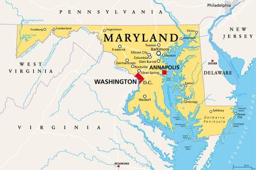 Map of Maryland highlighting major cities, including Annapolis and Washington, D.C., with surrounding states labeled.